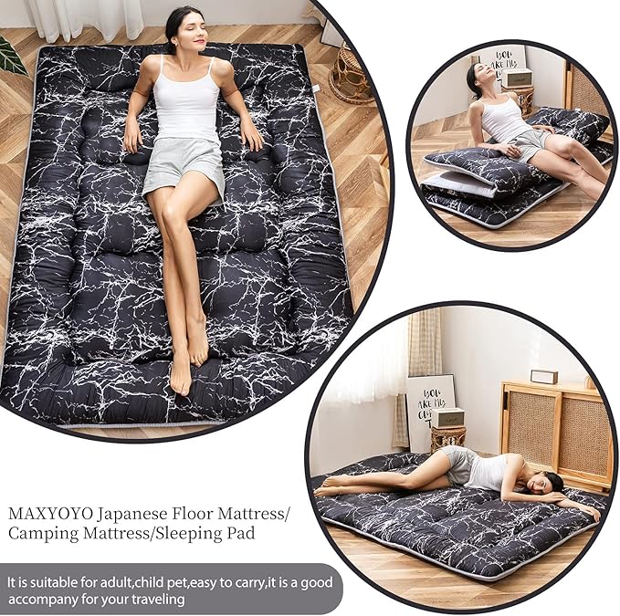 MAXYOYO Black Marble Printed Japanese Futon, Thicken Sleeping Pad Roll Up Camping Mattress Twin