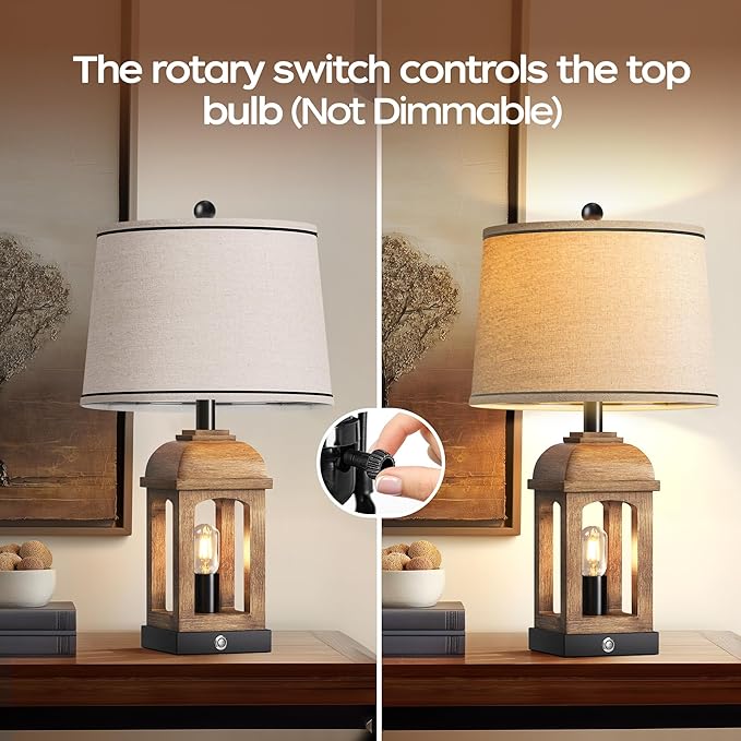 QiMH Table Lamp for Living Room, Farmhouse Lamps with USB A+C and Nightlight, 26" Rustic Bedside Lamps with 3-Way Dimmable Touch Control, Nightstand Lamp for Bedroom, Wood Grain, 1 Pack