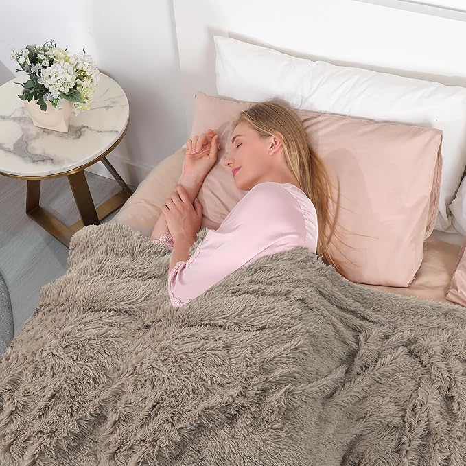 Tuddrom Decorative Extra Soft Faux Fur Throw Blanket 70"x78",Solid Reversible Fuzzy Lightweight Long Hair Shaggy Blanket,Fluffy Cozy Plush Fleece Comfy Microfiber Blanket for Couch Sofa Bed,Khaki