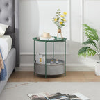 VECELO Round Side/End Table with Fabric Storage Basket，Metal Anti-Rust and Waterproof Small Bedside Nightstand with Removable Tray Top for Living Room，Balcony & Laundry，Dark Green /2pcs with Basket