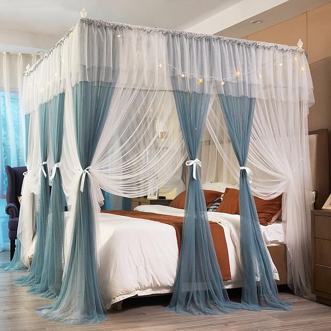 Joyreap Luxury 4 Corners Post Canopy Bed Curtains - Blue & White Cozy Drape Netting - Cute Princess Bedroom Decoration Accessories (59" W x 78" L, Full/Queen)