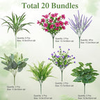 20 Bundles Artificial Plants Outdoor Fake Flowers UV Resistant Faux Greenery Stems Fake Ferns Shrubs Plastic Plants for Garden Patio Porch Yard Window Box Home Decor (Lavender Flower, 20PCS)