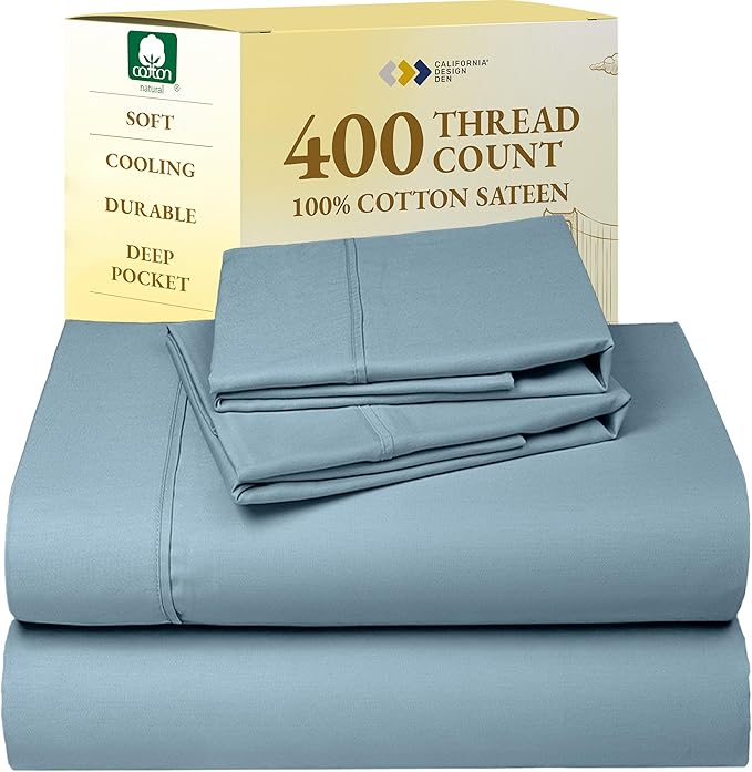 California Design Den Full Size Bed Sheets Set - Soft 400 Thread Count Sateen, Natural 100% Cotton Sheets with Deep Pockets, Breathable, Cooling and Durable Bedding Set - Sky Blue