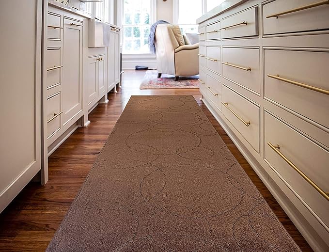 Custom Size Modern Geometric Pattern Carpet Runner Rug for Hallways, Slip Resistant Latex Rubber Backed, 31 inch Wide X Customized Length, Circles Brown, 31 inch X 26 feet