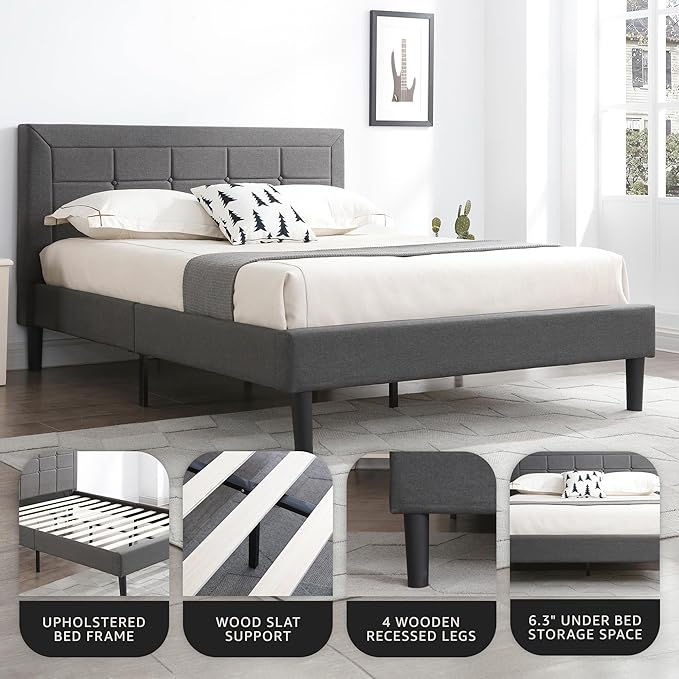 Decoro Mornington Upholstered 2.0 Platform Bed, Button-Tufted Fabric Headboard and Metal Frame with Wood Slat Support, Dark Grey, Queen