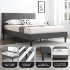 Decoro Mornington Upholstered 2.0 Platform Bed, Button-Tufted Fabric Headboard and Metal Frame with Wood Slat Support, Dark Grey, Queen