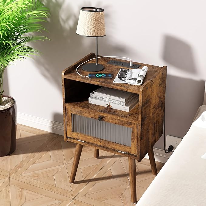 Mid Century Modern Nightstand with Charging Station, Bedside Tables with Glass Door, End Table Side Table with 2 Tiers Storage Space, for Bedroom, Living Room, Brown