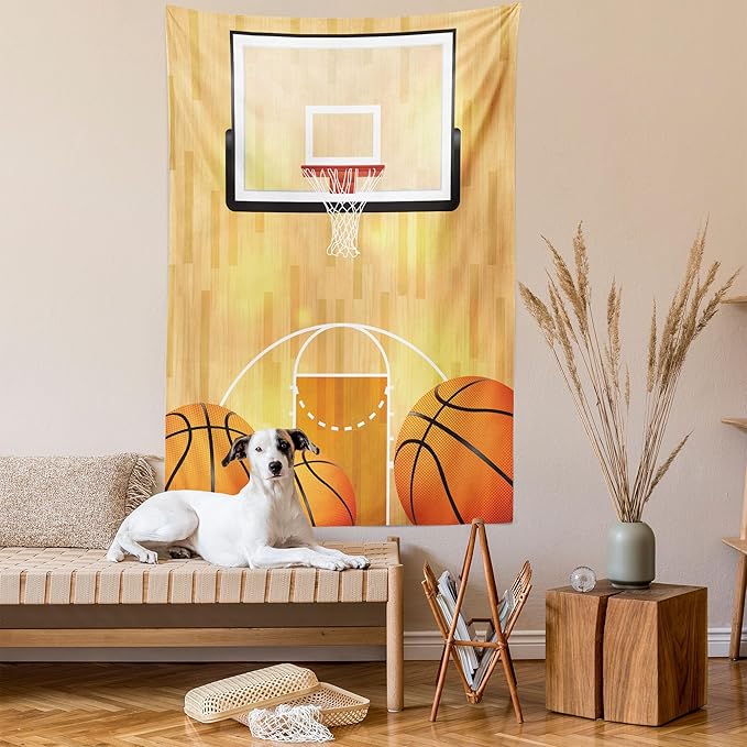 Ambesonne Sports Tapestry, Vivid Basketball Court Balls and Hoop Madness Rim Court Parquet Hardwood, Wall Hanging for Bedroom Living Room Dorm Decor, 40" X 60", Orange White