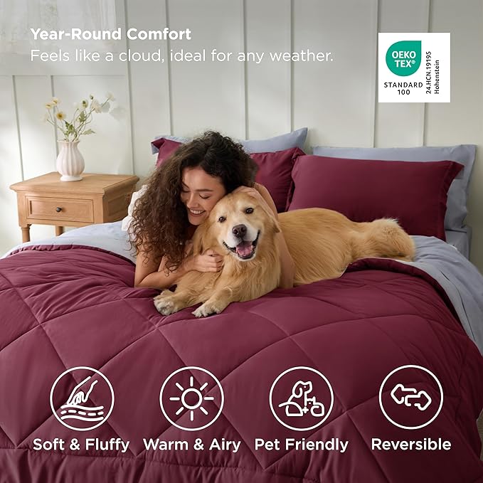 Bedsure California King Comforter Set - 7 Pieces Reversible Burgundy Bedding, California King Size Bed Set for All Seasons, Bed in a Bag with Down Alternative Comforter, Sheets, Pillowcases & Shams