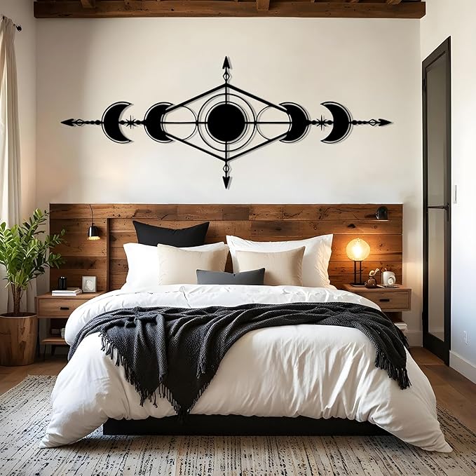 Hfrolixit Moon Phase Metal Wall Decor, Boho Moon Metal Wall Art, Celestial Wall Decor, Scandinavian Natural Wall Art, Astrology Wall Hanging (Silver, 53"x21"/135x54cm)