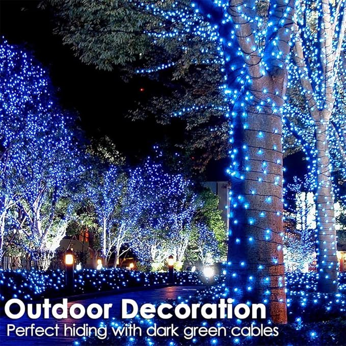 RPGT Christmas Light 500 LEDs 172ft Green Cable Wire Fairy String Outdoor Twinkle Lights Plug in 12 Modes for Xmas Tree, Party, Halloween, Indoor,Outdoor, Garden, Wedding, Home Decoration (Blue)