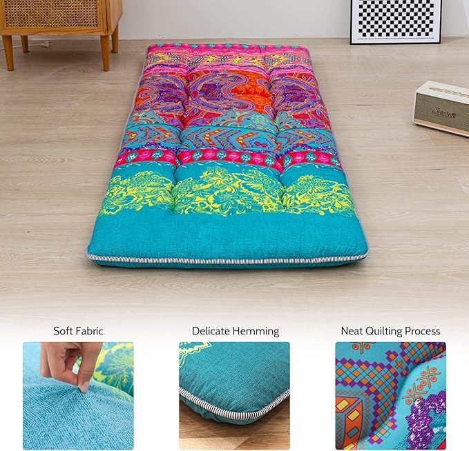 MAXYOYO Bohemian Floor Bed, Japanese Futon Mattress, Narrow Twin Single Bed, Foldable Roll Up Camping Cot for Adults