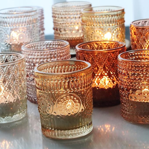 24 pcs Fall Votive Candle Holders, 6 Colors 3 Patterns Tealight Candle Holders for Wedding Table Centerpiece Birthday Party Decoration
