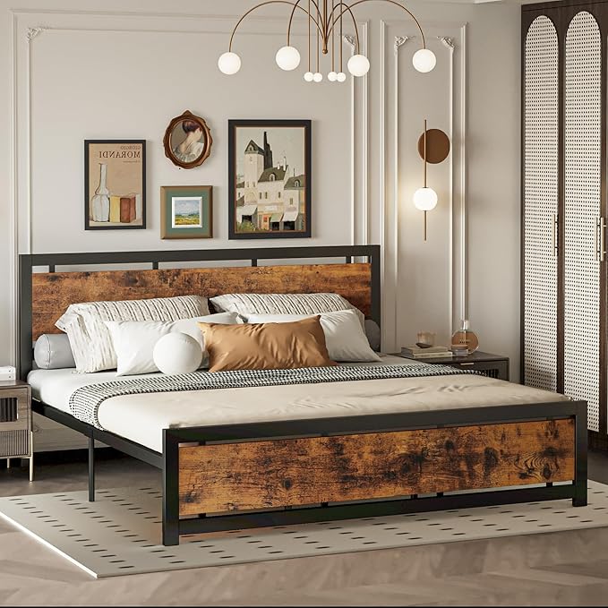 LIKIMIO California King Bed Frame with Headboard and Footboard, Metal Strong Supports, Easy Assembly, Noise-Free, No Box Spring Needed, Vintage Brown