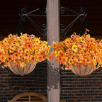 Orgrimmar 2 Pack Artificial Fall Mums Hanging Basket - UV Resistant Fake Hanging Plants with Realistic Silk Mums & Eucalyptus, Coconut Lining Baskets for Home Porch Balcony Patio Yard (Orange)