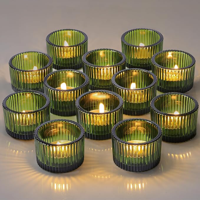 Green Tealight Candle Holder Set of 12, Small Votive Candle Holders for Table Centerpiece,Glass Tea Light Candles Holder for Party&Home,Wedding Decor(2''Dia*1.4''H)