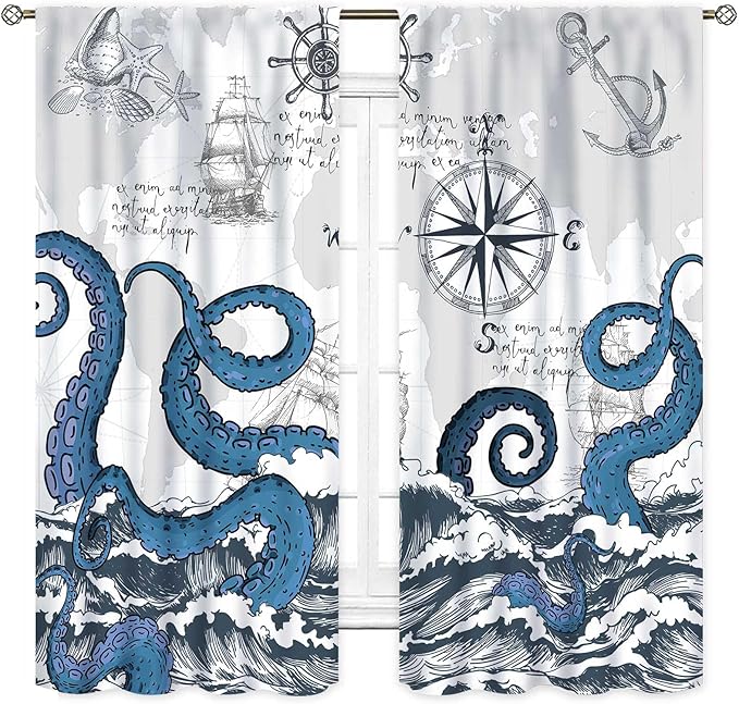 Nautical Curtains, Coastal Old Pirate Map Sailboat Compass Anchor Vintage Ocean Kraken Octopus Tentacles Blue Marine Window Drapery Treatment for Bedroom Living Room Kitchen Bathroom, 55"x63" Inch