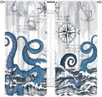 Nautical Curtains, Coastal Old Pirate Map Sailboat Compass Anchor Vintage Ocean Kraken Octopus Tentacles Blue Marine Window Drapery Treatment for Bedroom Living Room Kitchen Bathroom, 55"x63" Inch