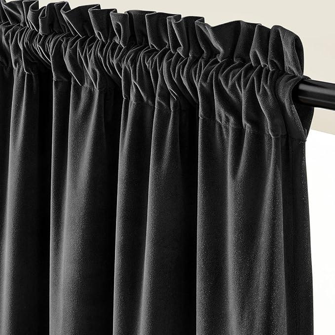 Lazzzy Velvet Blackout Curtains Thermal Insulated Room Window Drapes Super Soft Luxury Curtains for Living Room Bedroom Rod Pocket 2 Panels, Black, 52" W x 72" L