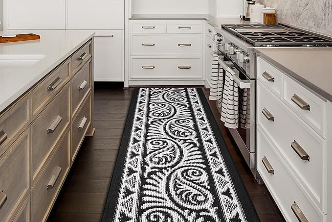 Custom Length Cut to Size Tribal Ethnic Southwestern Inspired Hallway Runner Rug, Non Slip Rubber Backed, 31 inch Wide X Customized Length, Mayan Black, 31 inch X 21 feet