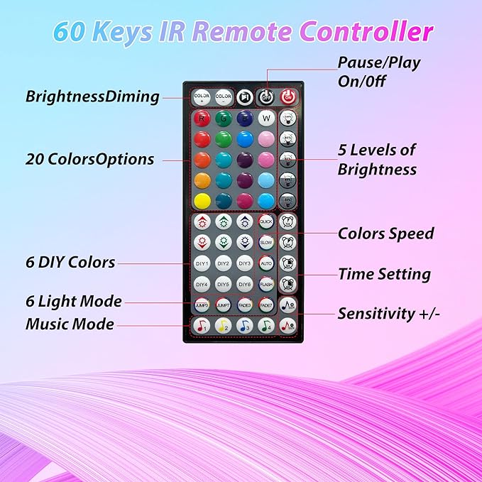 Led Lights for Bedroom 66ft Music Sync Color Changing Led Strip Lights with 60 Key Remote and App Control RGB Led Light Strip for Home Party Room Decoration