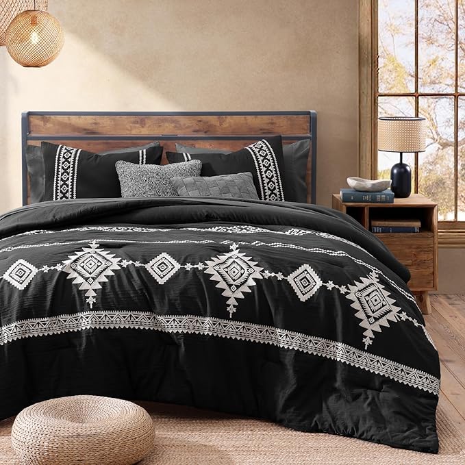 MaiRêve Oversized Queen Comforter Set Charcoal Black, Embroidery Western Bedding Set Boho 7 Pieces, Farmhouse All-Season Bed in A Bag with Sheets, Pillowcases & Shams