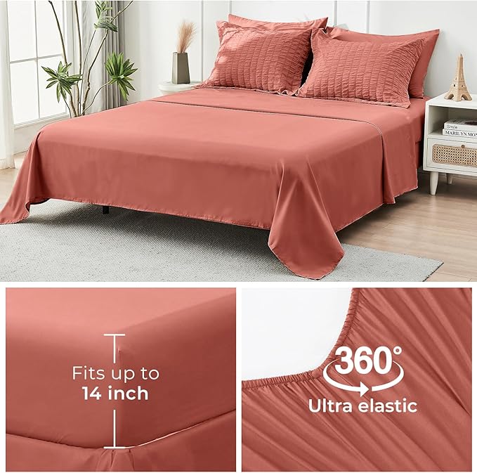 HYMOKEGE Coral Queen Comforter Set Seersucker 7 Pieces, All Season Luxury Bed in a Bag Queen for Bedroom, Bedding Set with Comforter, Sheets, Pillowcases & Shams