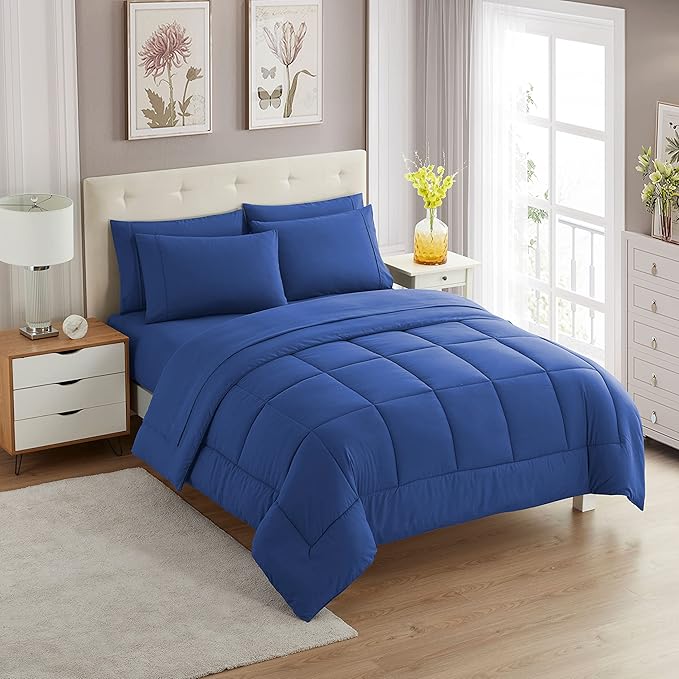 Sweet Home Collection 7 Piece Comforter Set Bag Solid Color All Season Soft Down Alternative Blanket & Luxurious Microfiber Bed Sheets, Royal Blue, King