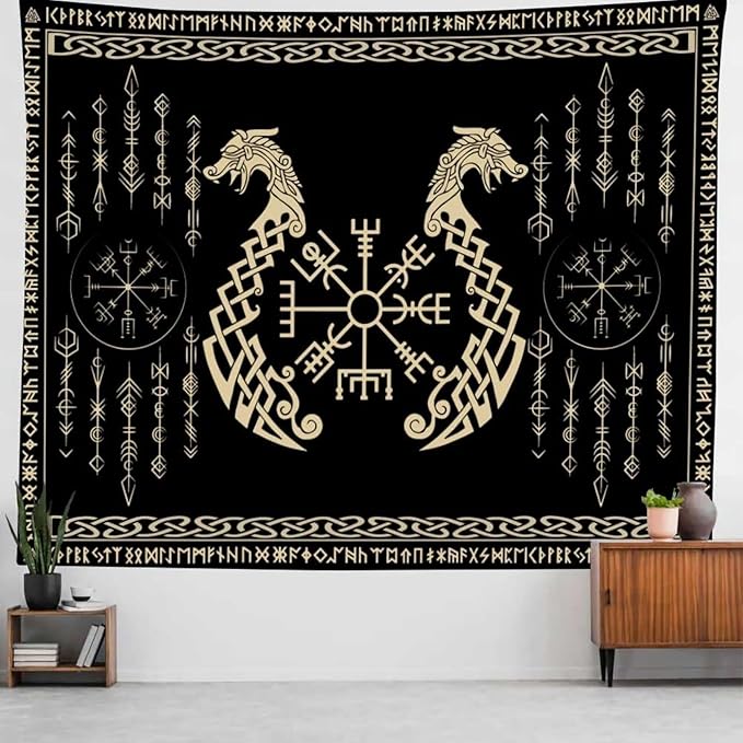 OSUNBD Nordic Vikings Tapestry, Large 10090 inches Soft Flannel, Vegvsir Symbol Twins Dragons Celtic Rune Scandinavian Aesthetic Mythology Tapestry Wall Hanging for Bedroom Living Room Decor