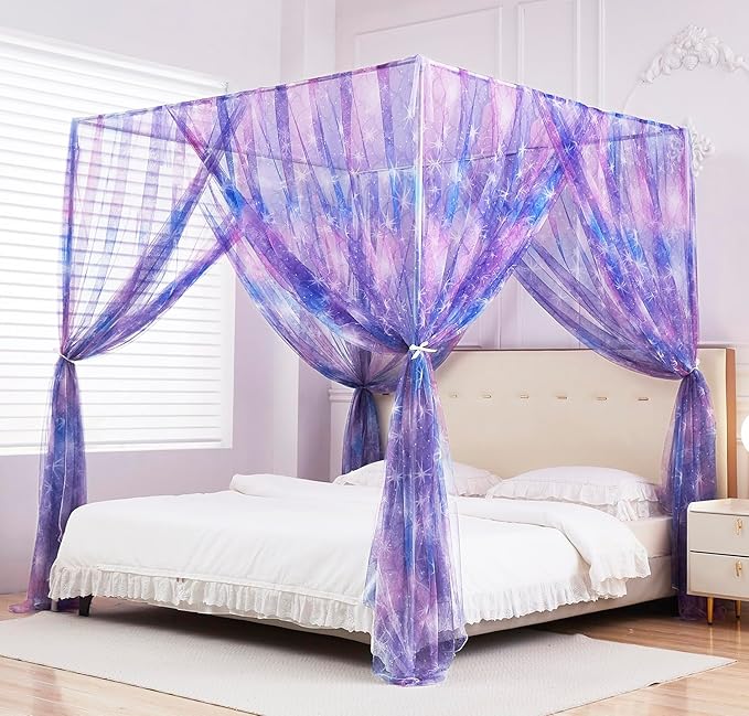 Mengersi Tie Dye Canopy Bed Curtains with Lights,Gradient Ombre Bed Canopy for Girls,Canopy for Bed Princess Bed Drapes for Girls Room Decor(Full,Purple)