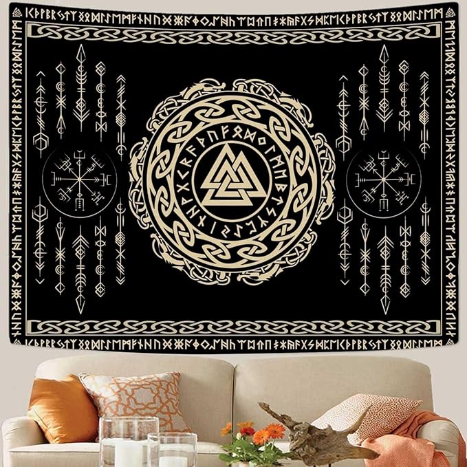 OSUNBD Nordic Viking Tapestry Wall Hanging - Large 100x90 inches Soft Flannel with Valknut, Celtic Runes & Norse Mythology Scandinavian for Bedroom, Living Room Decor