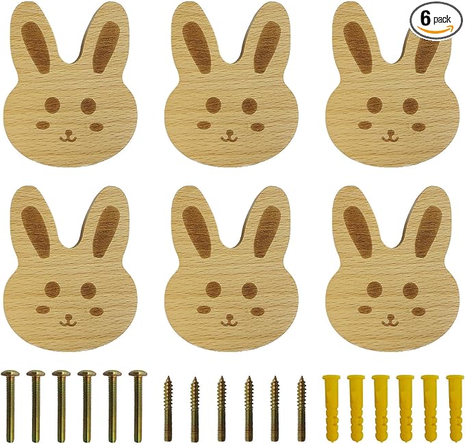 6PCS Wooden Rabbit Shaped Cabinet Knobs, Cabinet Handles, Single Hole Beech Wood Handles, Wood Hooks with Full Set of Screw Accessories
