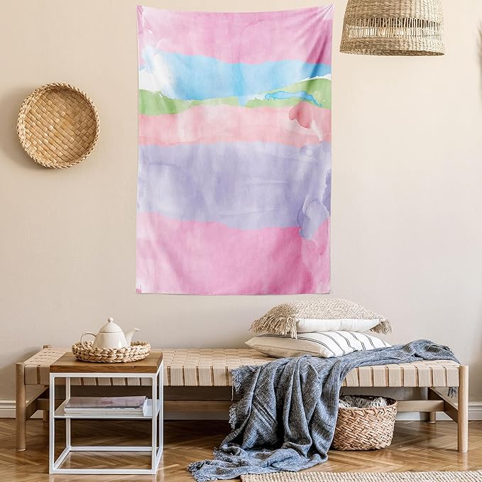 Lunarable Abstract Tapestry Queen Size, Paintbrush Watercolor Large Pastel Horizontal Stripes in Various Tones Boho Print, Wall Hanging Bedspread Bed Cover Wall Decor, Queen Size, Lilac Pink