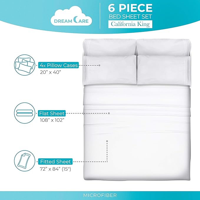 DREAMCARE California King Sheet Sets – 6 pcs Cooling Bed Sheets – up to 15” Deep Cal King Sheets – 2500 Supreme Collection – Extra Soft 100% Brushed Microfiber Hotel Luxury with Side Pocket – White