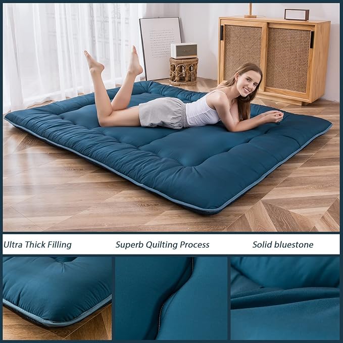 MAXYOYO Japanese Floor Mattress Futon Mattress, Thicken Sleeping Pad Foldable Roll Up Floor Futon for Adults Tatami Mat Dormitory Bed Lounger, Bluestone, Twin Size