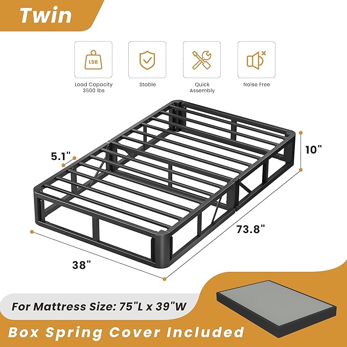MAF 10 Inch Twin Box Spring, High Profile Box Spring Twin Siz 3500 lbs Black Heavy Duty Metal Mattress Foundation with Easy Clean Fabric Cover, Easy Assembly