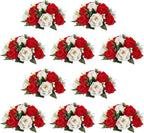 NUPTIO Pcs of 10 Fake Flower Ball Arrangement Bouquet,15 Heads Plastic Roses with Base, Suitable for Our Store's Wedding Centerpiece Flower Rack for Parties Valentine's Day Home Décor (Red & White)