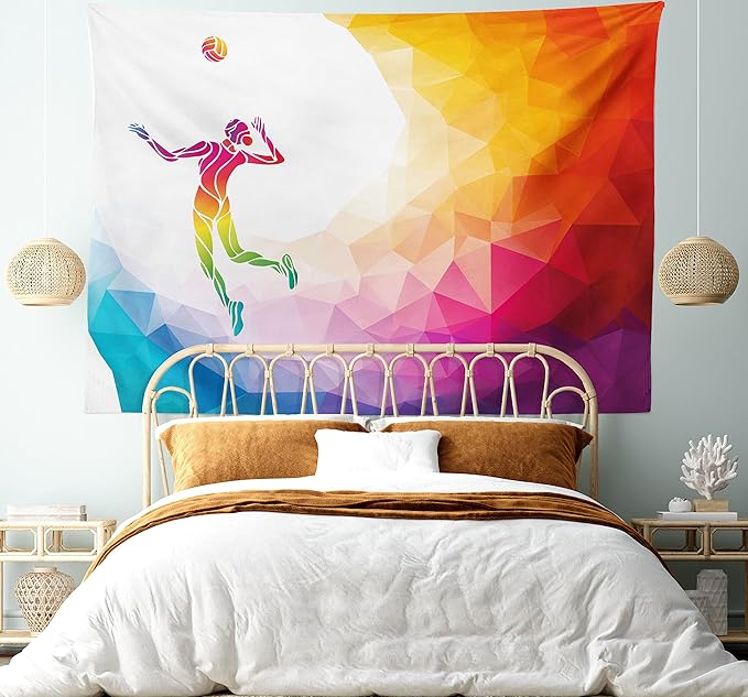 Lunarable Volleyball Tapestry, Colorful Polygonal Background Triangles Jumping Woman Striking The Ball, Wide Wall Hanging for Bedroom Living Room Dorm, 60" X 40", Purple Blue