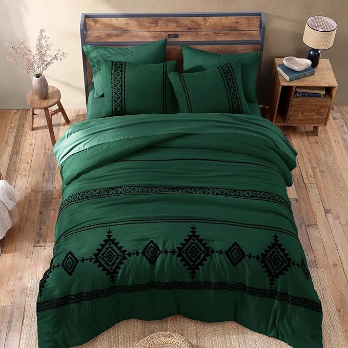 MaiRêve Embroidery King Size Comforter Set Emerald Green, Boho Farmhouse Western Bedding Set 7 Pieces, All Season Bed in A Bag Comforter Set with Sheets, Pillowcases & Shams