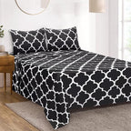 Mejoroom Queen Bed Sheet Set - Super Soft Brushed Microfiber 1800 Thread Count Queen Sheets with 16 inch Deep Pocket - Wrinkle Free - 4 Piece(Queen, Black Quatrefoil with White Pattern)