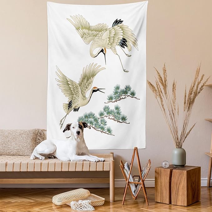 Lunarable Bird Tapestry, 2 Japanese Cranes Flying Traditional Painting Style Far Eastern Illustration, Fabric Wall Hanging Decor for Bedroom Living Room Dorm, 30" X 45", Ivory Green Black
