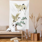 Lunarable Bird Tapestry, 2 Japanese Cranes Flying Traditional Painting Style Far Eastern Illustration, Fabric Wall Hanging Decor for Bedroom Living Room Dorm, 30" X 45", Ivory Green Black