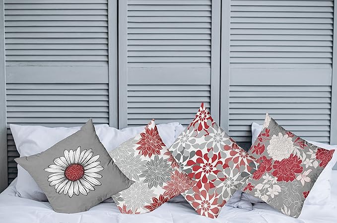 Ambesonne Floral Throw Pillow Cushion Case Pack of 4, Flower Petals Modern Color Palette Chamomile Peony Dahlia and Sunflower Print, Modern Accent Double-Sided Digital Printing, 16", Grey Dark Pink