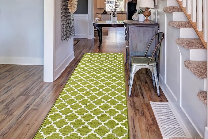 Custom Size Moroccan Trellis Runner Rug Mat for Wide Hallway Entryway Kitchen Laundry Room with Slip Resistant Latex Rubber Backing, Trellis Green, 31 inch X 15 feet