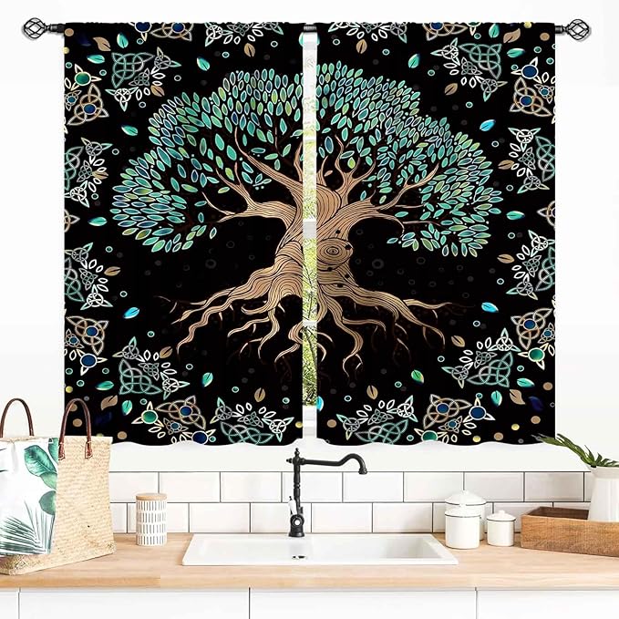 Tree of Life Curtains, Hippie Green Leaves Tree Life Vikings Celtic Nordic Aesthetic Mythology Window Drapery Treatments for Bedroom Living Room Bathroom 2 Panels, 55x39 Inch