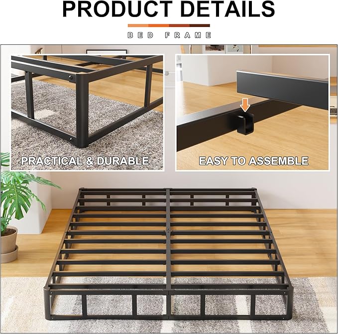 EMODA 9 Inch Full Size Box Spring Bed Base, 3000 LBS Heavy Duty Metal Mattress Foundation with Fabric Cover, Easy Assembly, Black