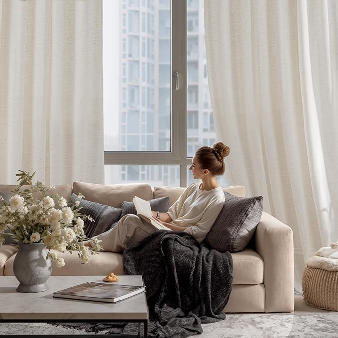 RYB HOME Sheer Curtains 84 inches Long Linen Blend Light & Airy Vertical Translucent Panels for Bedroom Living Room Office, Rod Pocket & Back Tab, W52 x L84, Ivory, 2 Panels