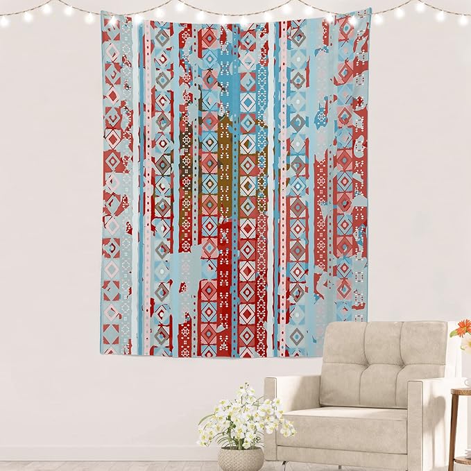 Batmerry Blue Grey Boho Garbage Tapestry, Red Wall Art Hanging Decoration Polyester Fiber White Ruffled Around for Dorm Room Bedroom Living Room, 59.1x39.4 inches