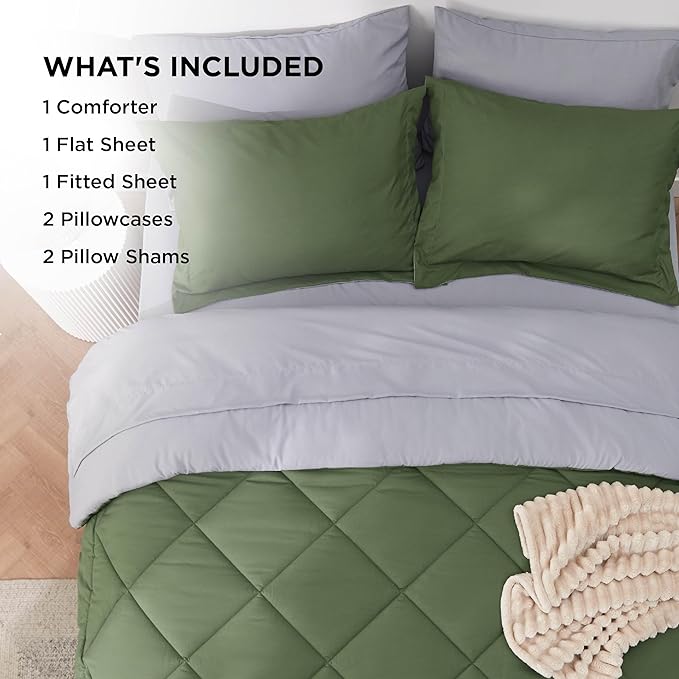 Bedsure Full Size Comforter Set - 7 Pieces Reversible Olive Green Bedding, Full Size Bed Set for All Seasons, Bed in a Bag with Down Alternative Comforter, Sheets, Pillowcases & Shams