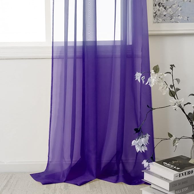HUTO Purple Sheer Curtains 54 inches Long for Bedroom Top Rod Pocket Sheer Window Panels Curtains for Nursery Living Room 52 by 54 Inch Length Set of 2